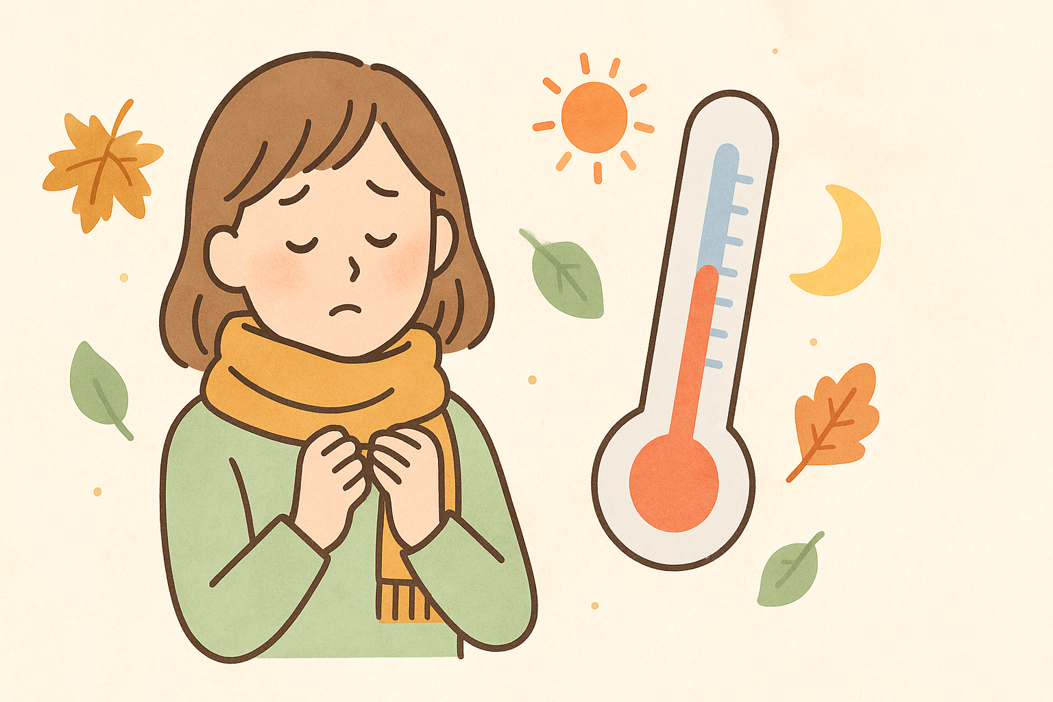 秋の寒暖差で首をすくめる女性と温度計のイラスト（自律神経の乱れイメージ）